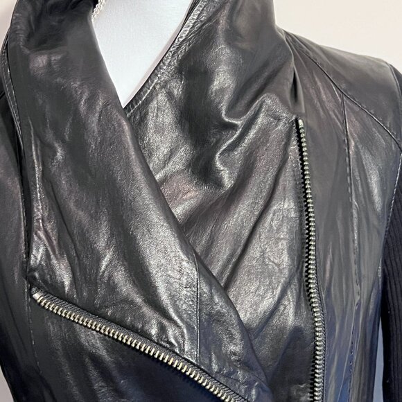 Vince Women's Black Leather and Wool Short High Collar Modern Jacket Sz Med - Picture 7 of 16